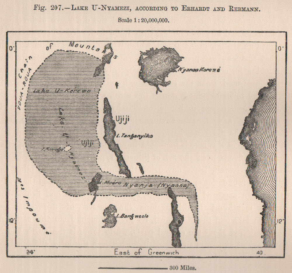 The mythical Lake Uniamesi, according to Erhardt & Rebmann. Tanzania 1885 map